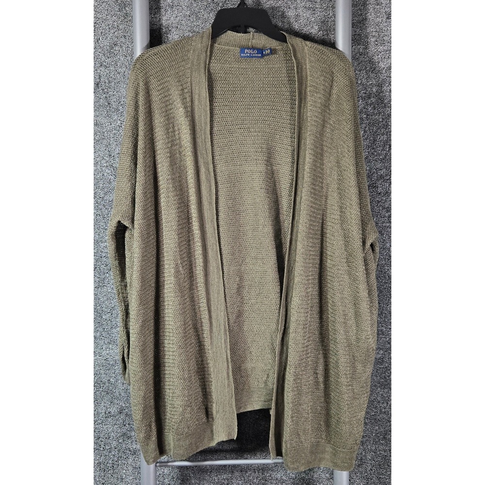 Polo Ralph Lauren Womens Olive Green Linen Blend Open Front Cardigan Sweater S